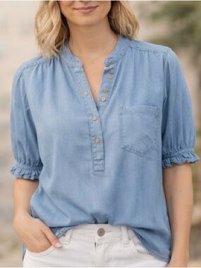 Chambray Blouse Puff Sleeve Blue Lightweight Top
